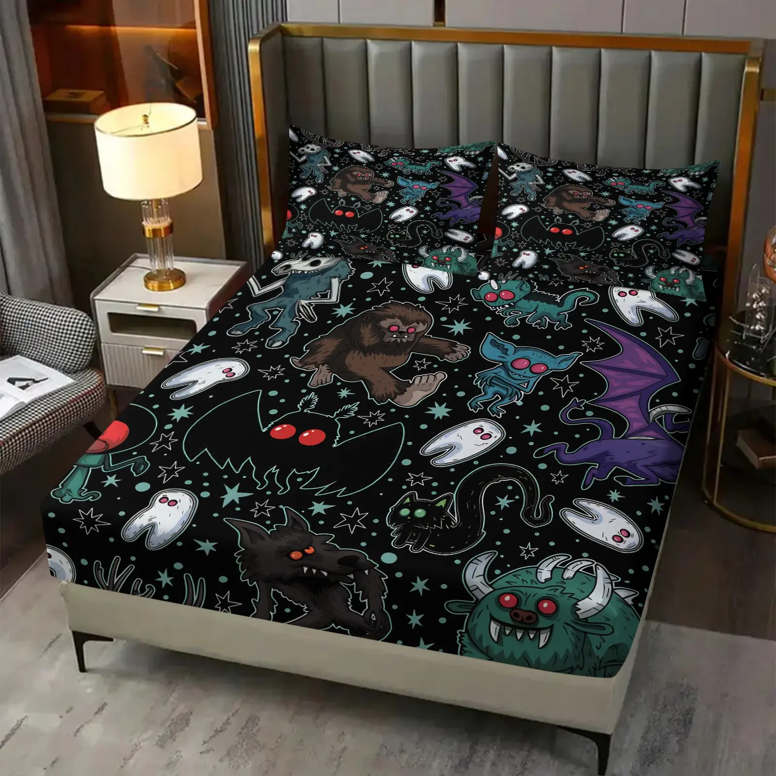 3-Piece Black Background American Cartoon Monster Collection Fitted Sheet Set & 2 Coreless Pillowcases, Deep Pocket Breathable & Cozy Bedding Featuring Grunge Cartoon Gothic Thrilling Dark Aesthetic, Perfect For Halloween And Gothic Style Bedroom Decor