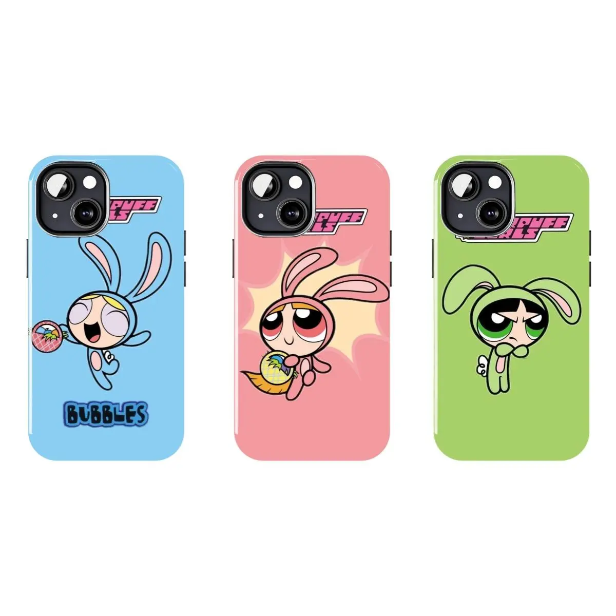 Easter Bunny Powerpuff Girl iPhone Case, featuring a cute bunny costume and cartoon egg print, compatible for iPhone17 ProMax /16/15/14/13/12/11 Plus for Samsung phones, suitable for both men and women,