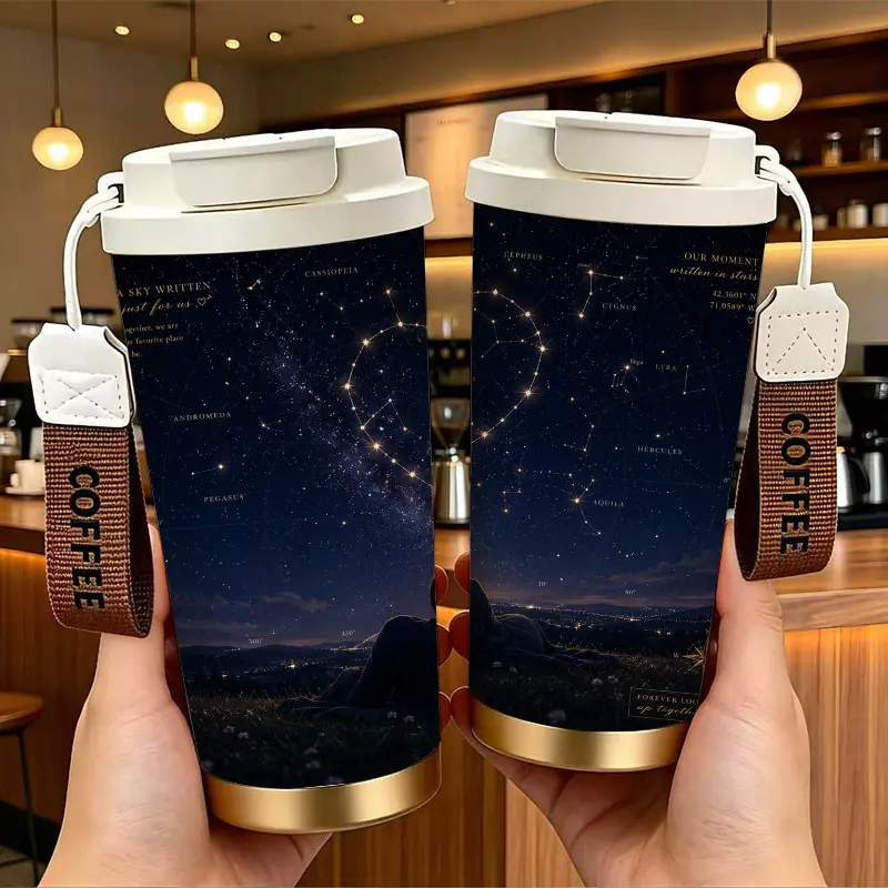 Romantic Starry Heart Constellation Stainless Steel Insulated Coffee Cup with Double Drink Design， Portable Travel Tumbler with COFFEE Wrist Strap， Reusable Thermal Mug， Perfect Gifts For Birthday Holiday.