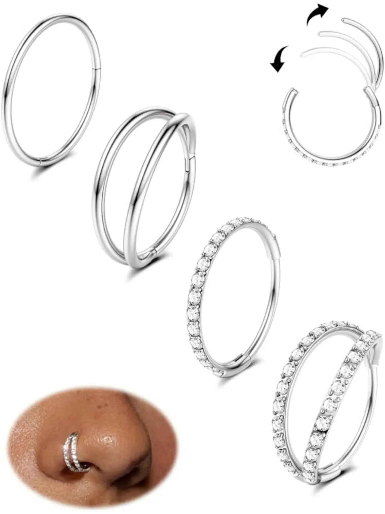 Stainless Steel Hoop Nose Rings, Nose Jewelry, Nose Rings Hoops, Helix Nose Piercings, Daith Septum Rings/Hoop Earrings, for Women, Men, Silver, Gold Colour, 8, 10 mm, 18G, 16G, 20G.