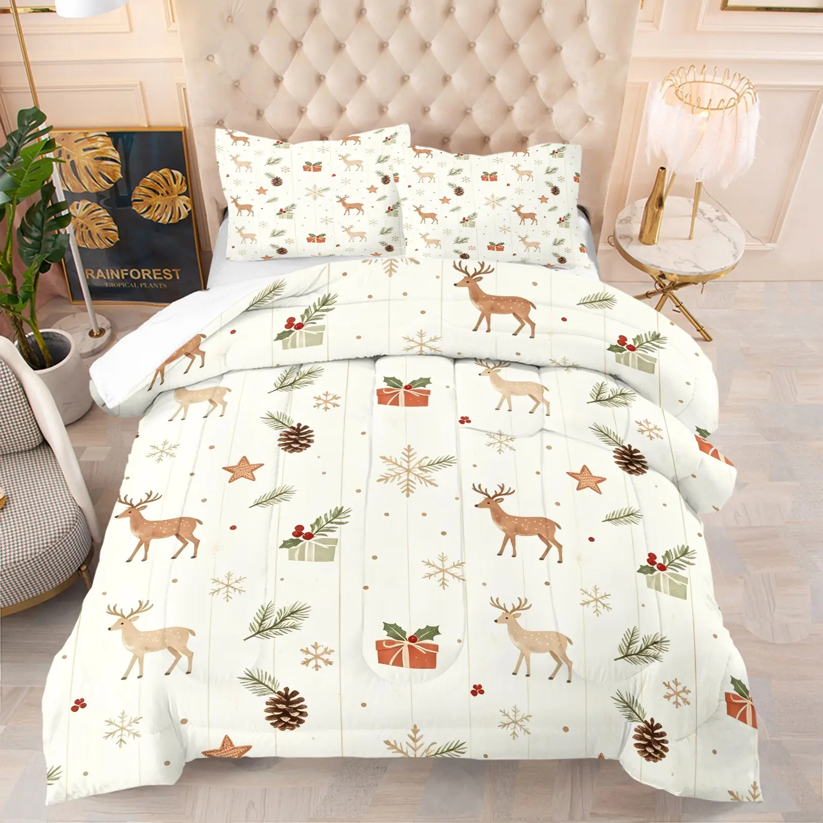 Comforter Set, Bedding Set, Christmas Digital Print Comforter Set, Reindeer Snowflake Pinecone Gift Box Holly Pattern, U‑Shape Quilted Soft Breathable Bedding, Includes 1/2 Pillowcases - without Core, Xmas Bedroom Decor