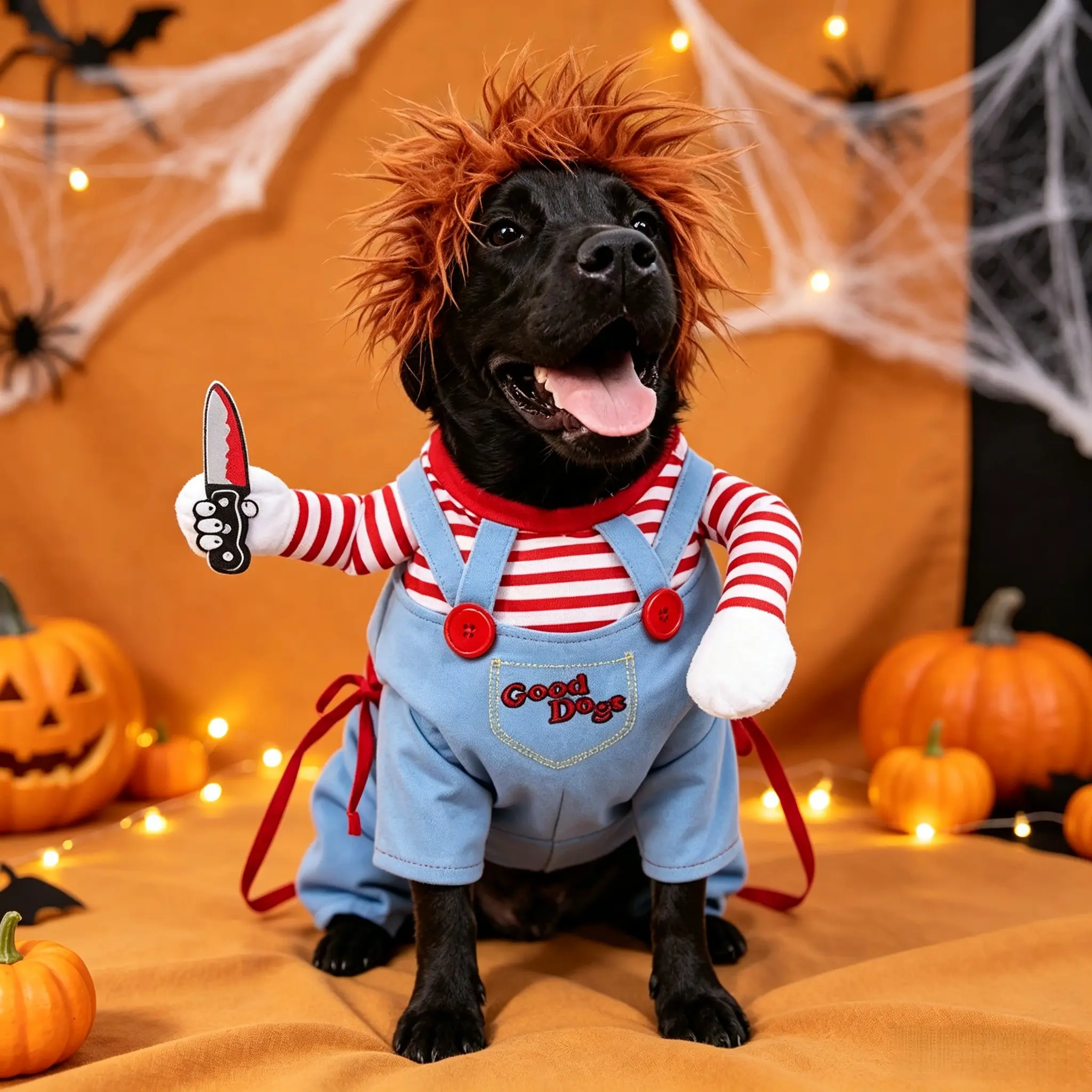 1PC Halloween costumes for dogs, featuring a funny dog outfit with a pet wig, and a terrifying cosplay attire with a knife design. Suitable for Halloween costumes for dogs and cats. A fun pet gift. Applicable to small and medium-sized dogs and cats.