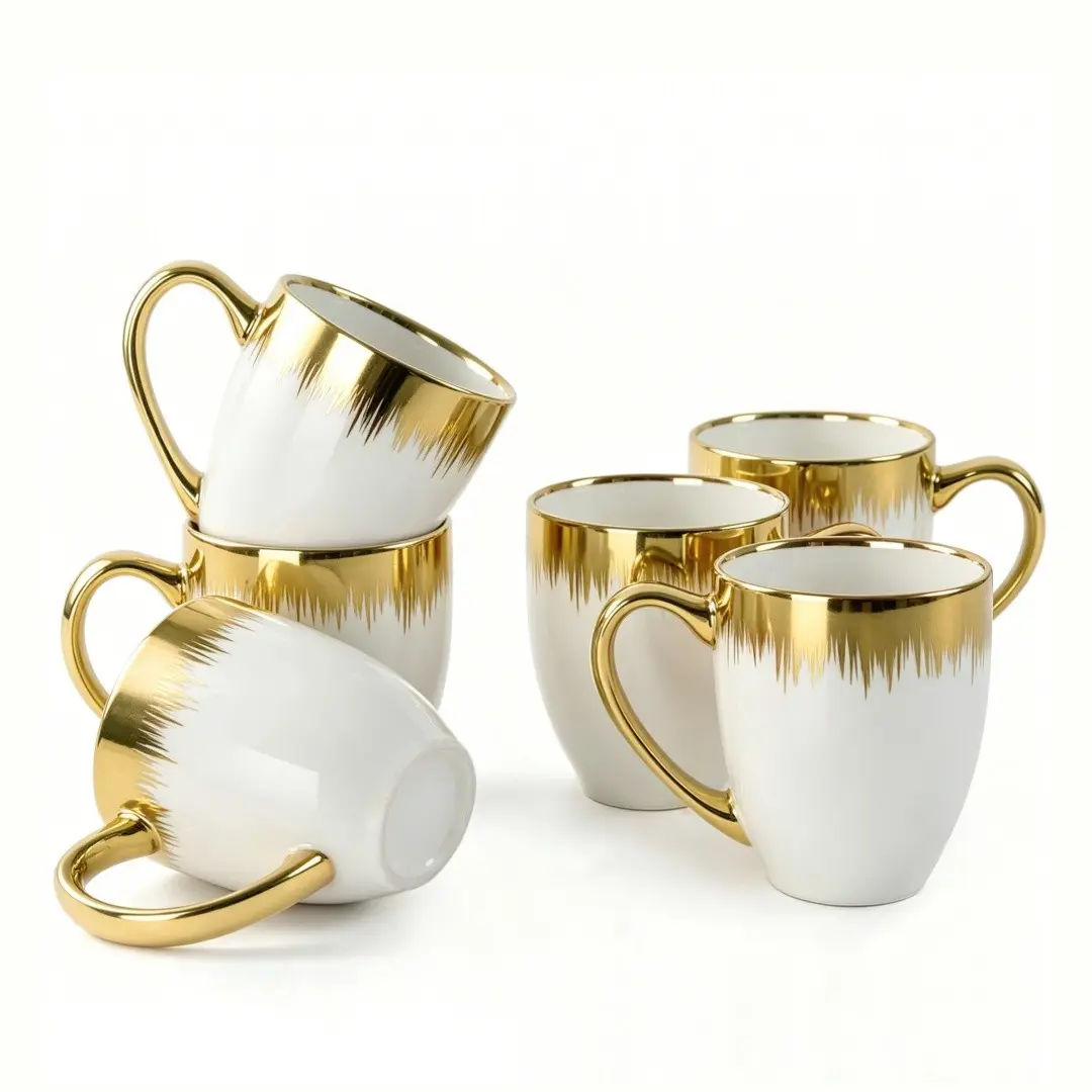Set of 6 Gold Trim Ceramic Cups, 14oz Mugs, Coffee Cups, Ideal Gift, Aesthetic Daily Use, Collectible Cups and Mugs