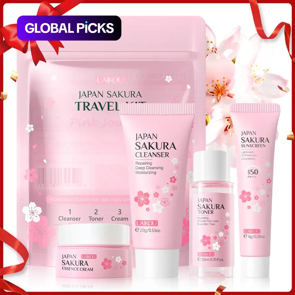 Sakura Travel Skincare Kit (4pcs), Hydration Set, Deep Cleansing Facial Cleanser & Moisturizing Essence Cream & Hydrating Toner & SPF 50 PA+++ Sunscreen, Professional Facial Skin Care Kit, Ideal Gift #GLOBAL PICKS