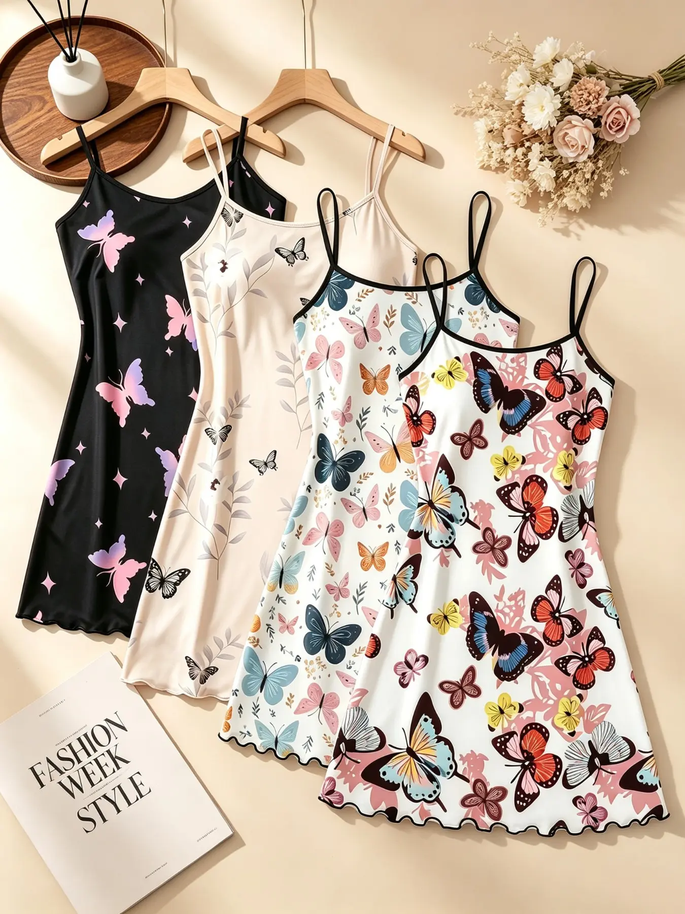 4 Pack Fairycore Cottagecore Aesthetic Dreamy Women's Sleepwear Nightwear Loungewear Vibrant Butterfly Floral Print Summer Spaghetti Strap Ruffle Hem Ultra Buttery Soft Slip Dress Sweet Lightweight Comfy Breathable Casual Nightgown for Daily Wear