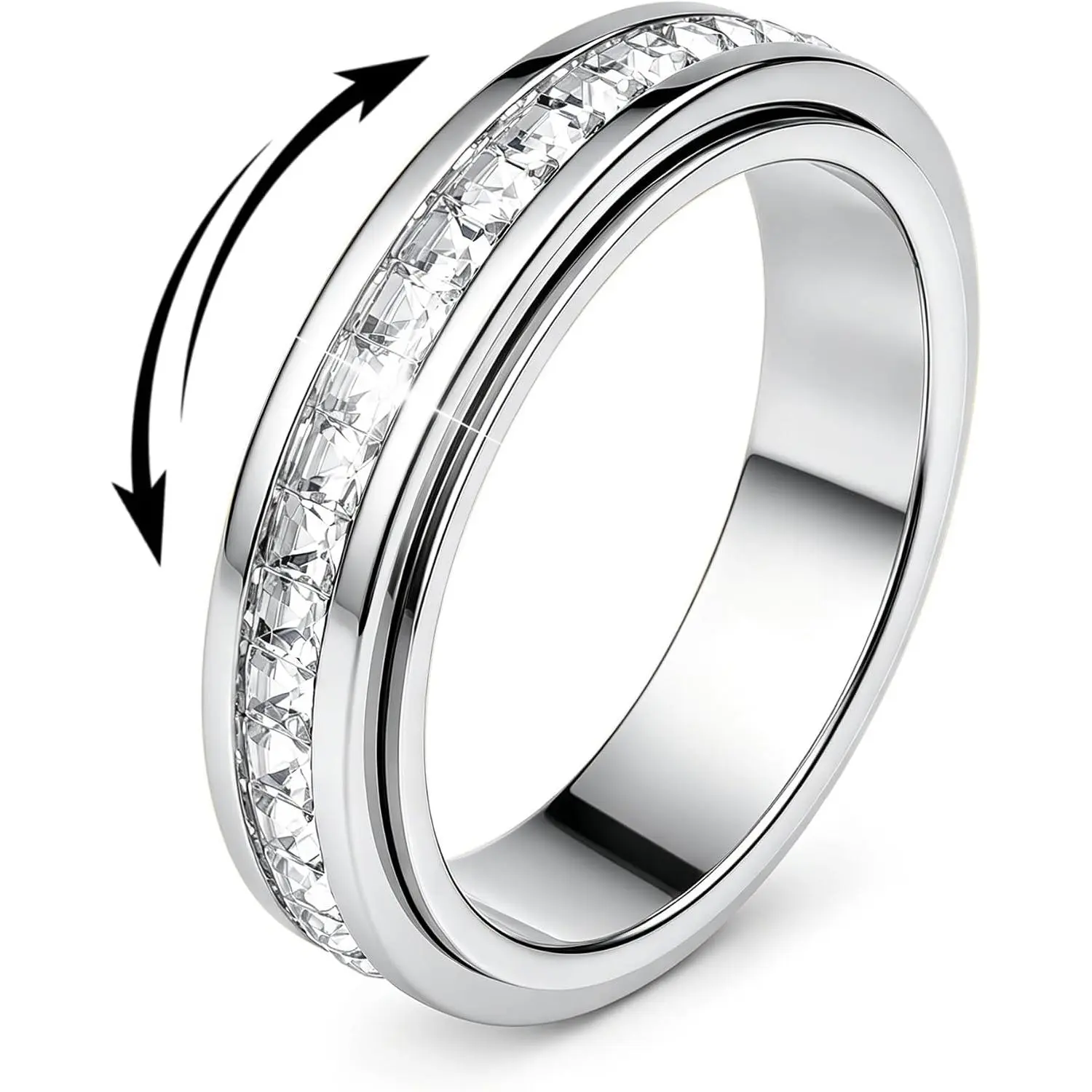 Fidget Toys CZ Ring Women -    for Adults Spinner Band Stainless Steel  for Wedding Birthday  with Full Cubic Zirconia  Plated  Size 6-10