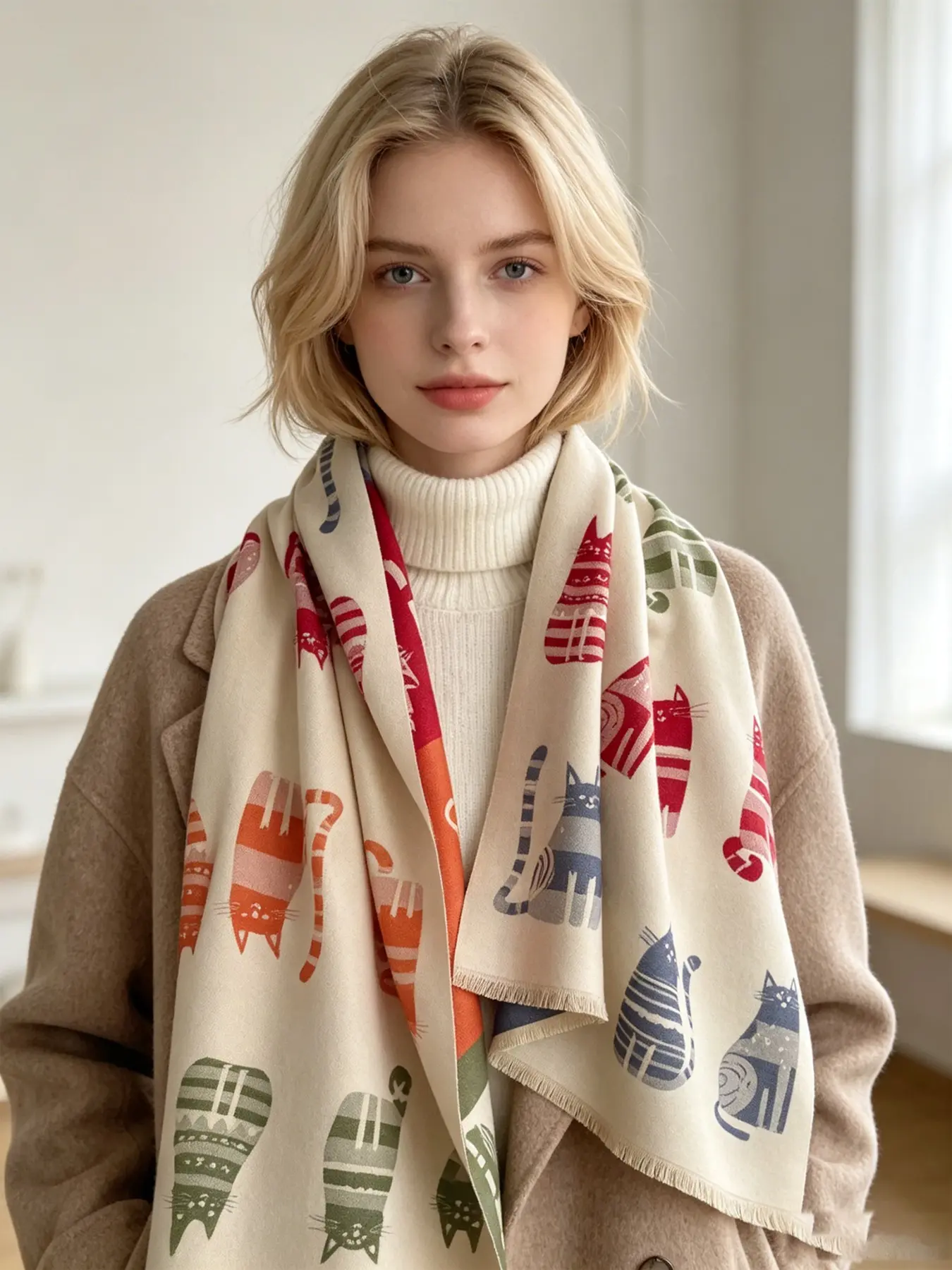 Colorful Striped Cat Pattern Scarf, 180x65cm Fall Winter Shawl, Perfect for Travel, Parties, Daily Wear, Stylish Accessory