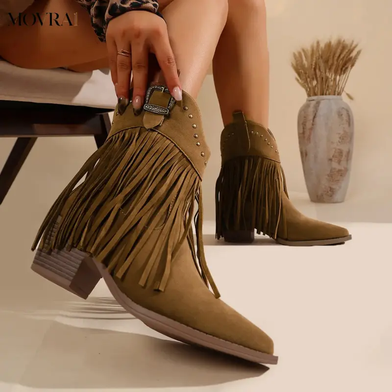 MOVRA1 Women's Green Vintage Western Cowboy Boots --On, Pointed Toe Heels, Chunky Heels, Rivet, Fringe, Upper, TPR Sole,-On Convenience, All Seasons Casual Walking Shoes