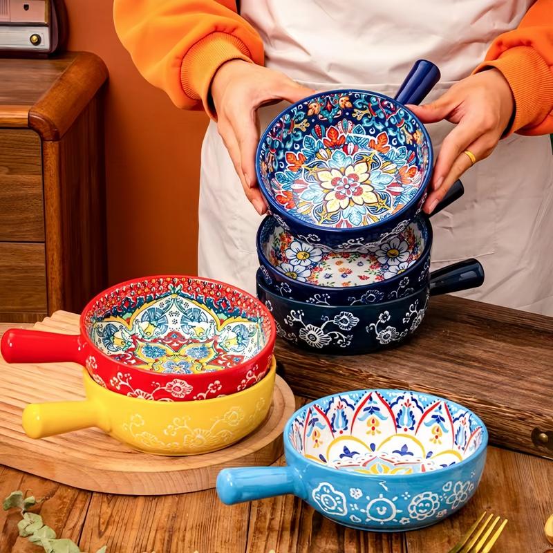 Boho Style Ceramic Salad Serving Bowls with Handle, 2 Counts/set Colorful Flower Pattern Bowl, Microwave & Oven Safe Bowl for Home Baking & Serving, Dinnerware Boho Style Ceramic Salad Serving Bowls with Handle, 2 Counts/set Colorful Flower Pattern Bowl, Microwave & Oven Safe Bowl for Home Baking & Serving, Dinnerware