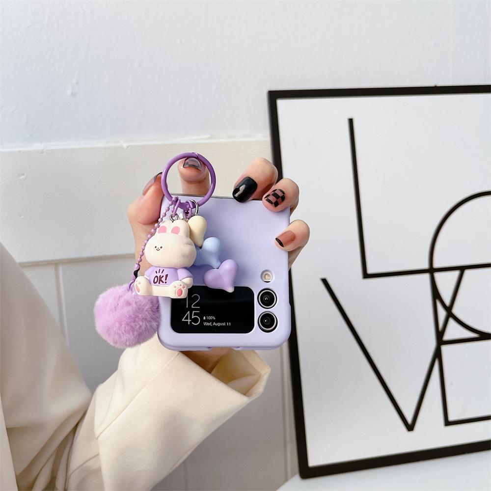 For Galaxy Z Flip6 Cartoon Bear Plush Heart Folding Case for Samsung Z Flip7 Zflip5 Z Flip 3 4 5 6 7 Slim Cover with Lanyard