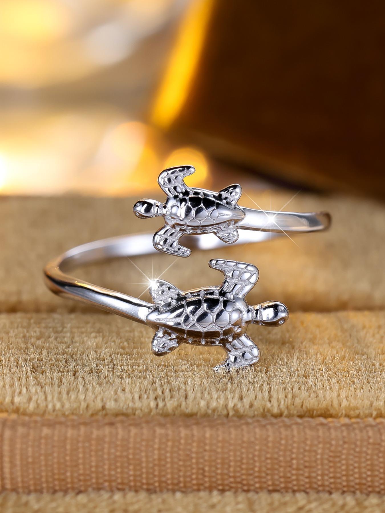 925 Sterling Silver Cute Turtle Design Cuff Ring, Adjustable Ring for Women, Trendy All-match & Exquisite Jewelry for Birthday Gift