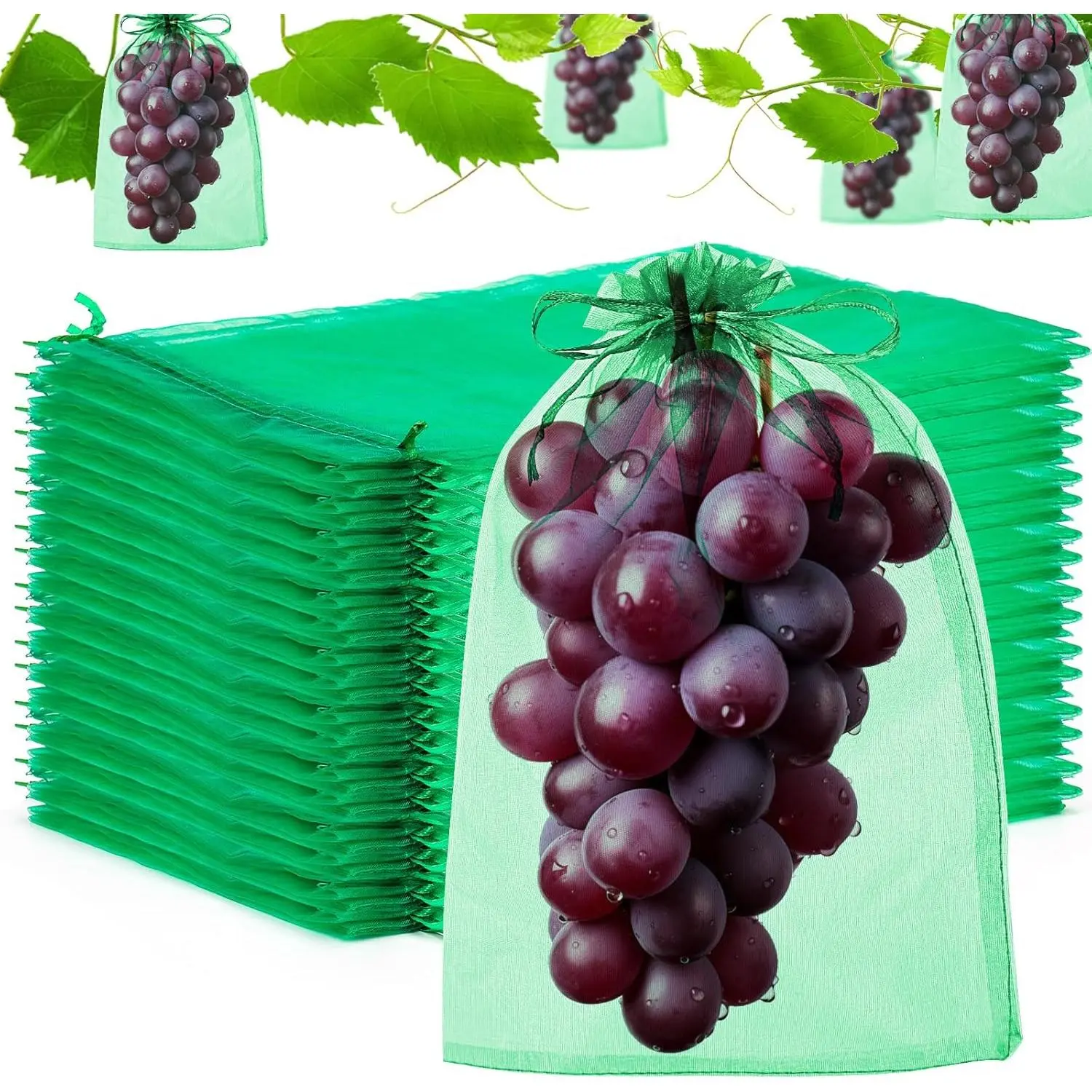 120 PCS Fruit Protection Bags, 8"x12" Fruit Netting Cover Mesh Bags with Drawstring Green Netting Barrier Bags for Protecting Plant Grape Tomato Fruit Flower Vegetables