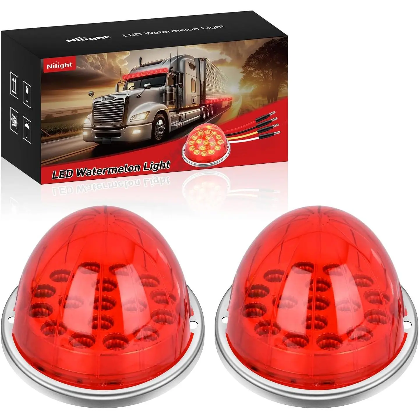 Nilight Watermelon LED Lights - 2PCS 17-LED Triple Function Red Lens Stainless Steel Bezel IP68 Waterproof Dustproof 4-Plug Strobe Marker Clearance Brake Lights, 2.56in Height, 3.35in Diameter, White + Black Wire, Resin-Coated for Trailers Automotive