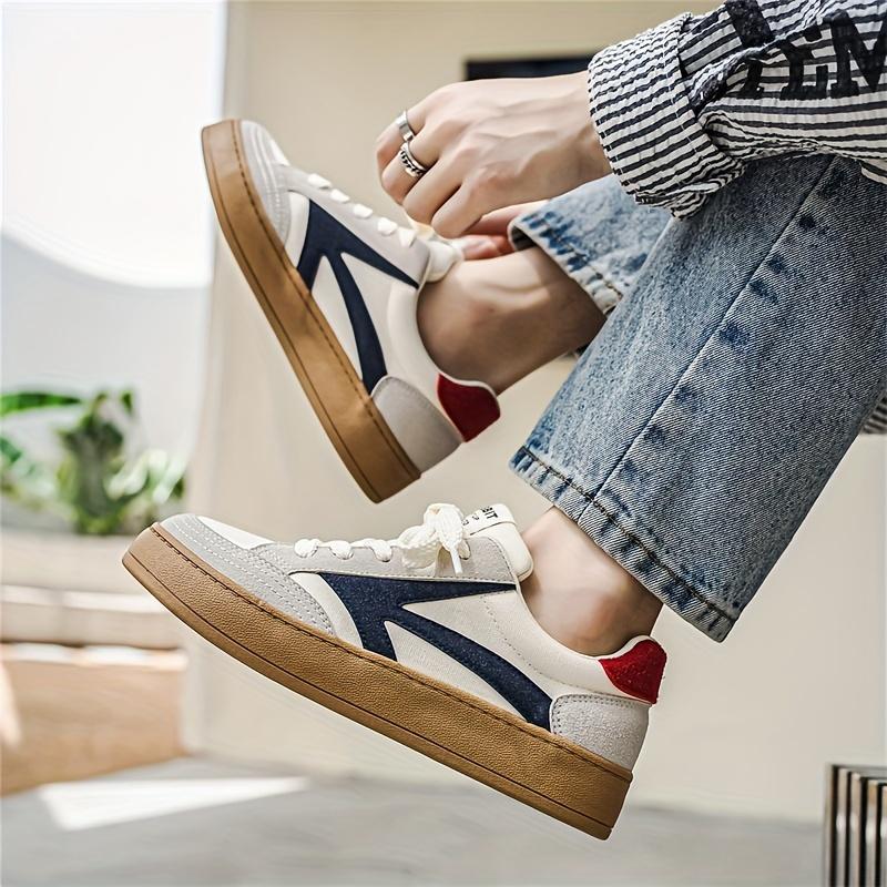 Men's Retro Color Block Thick-Soled Skate Shoes, Comfortable Non-Slip Durable Lace-Up Rubber Sole Canvas Sneakers, Men's Shoes