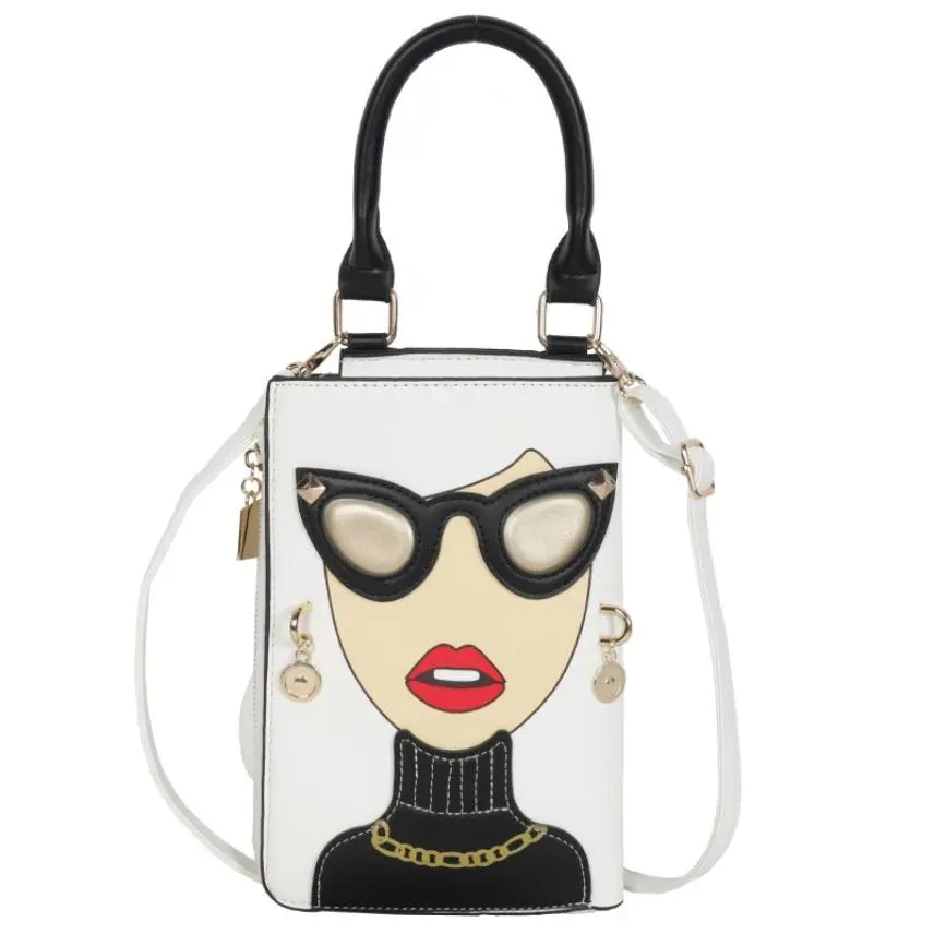 Women's Fun Color-Block Crossbody Boston Bag - Novelty Studded Sunglasses Emoticon Face Evening Purse with Double Handle, Anti-Theft Buckle, Do Not Wash Note, Colorblock, Creative Parody, Cow Hide, Cute, Chain, Elegant, Hangable, High-Capacity, Korean, St