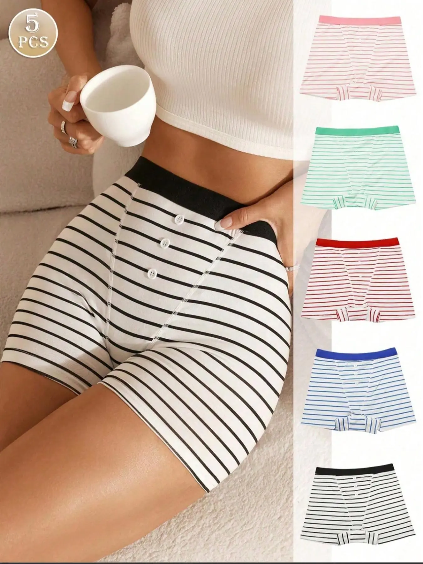 Women's Striped Print Boyshorts, Comfortable Breathable Fabric, Plain Waistband, Casual Style, All Seasons, Fitted, Unlined