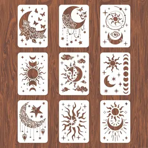 9PCS/Set Reusable Sun Moon Mandala Painting Stencils 12x8 Large Flower Star Stencils for Wall Tile Concrete Floor Wood Canvas Furniture Patio Home Decor