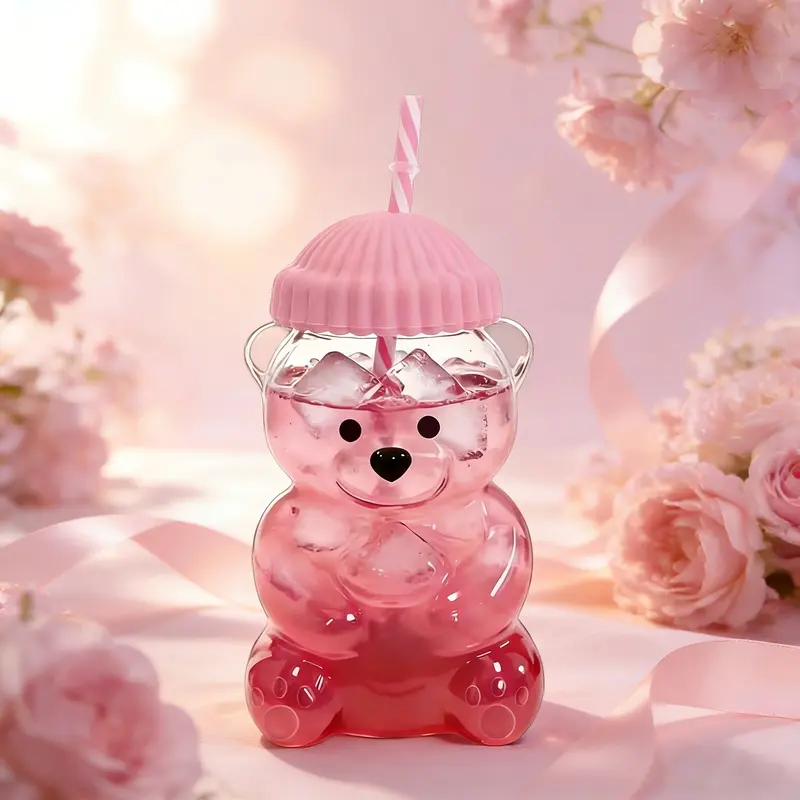 Adorable Bear Glass Cup, 20 oz Capacity with Free Straw and Lid, Cute Drink Cup for Daily Use, Sweet Gift for New Year and Valentine’s Day