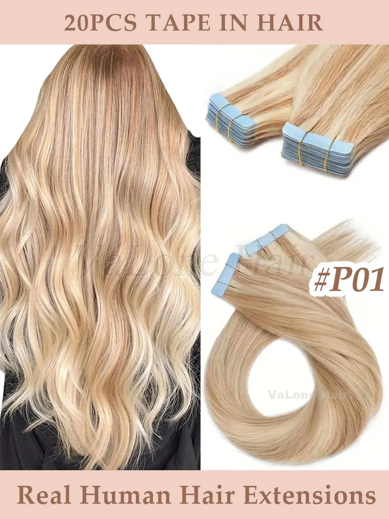 Balayage Highlight Straight Tape in Remy Human Hair Extensions, 20pcs Pack Blonde Seamless Skin Weft Tape for Full Head