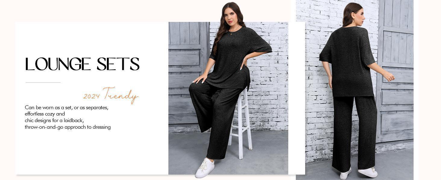【1XL-5XL】Imily Bela Curve Womens Plus Size Lounge Sets Short Sleeve Tops and Wide Leg Pants Airport Travel 2 Piece Outfits Tracksuit