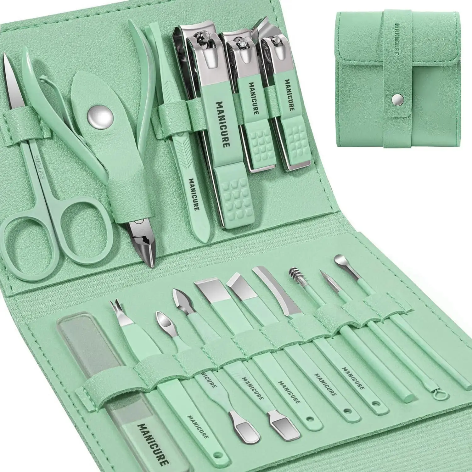 16-Piece Unisex Stainless Steel Nail Supplies Set - Professional Manicure & Pedicure Tools with Green Nippers, Cuticle Pushers, Stored in Compact Portable Luxury Travel Case, Compact Set, Hand Care, Multi-Tool Set