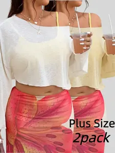 Plus Size Vacation Style Off-Shoulder Long Sleeve Top Set, Breathable Lightweight Sun Protection Clothing, Solid Color Two-Piece Set