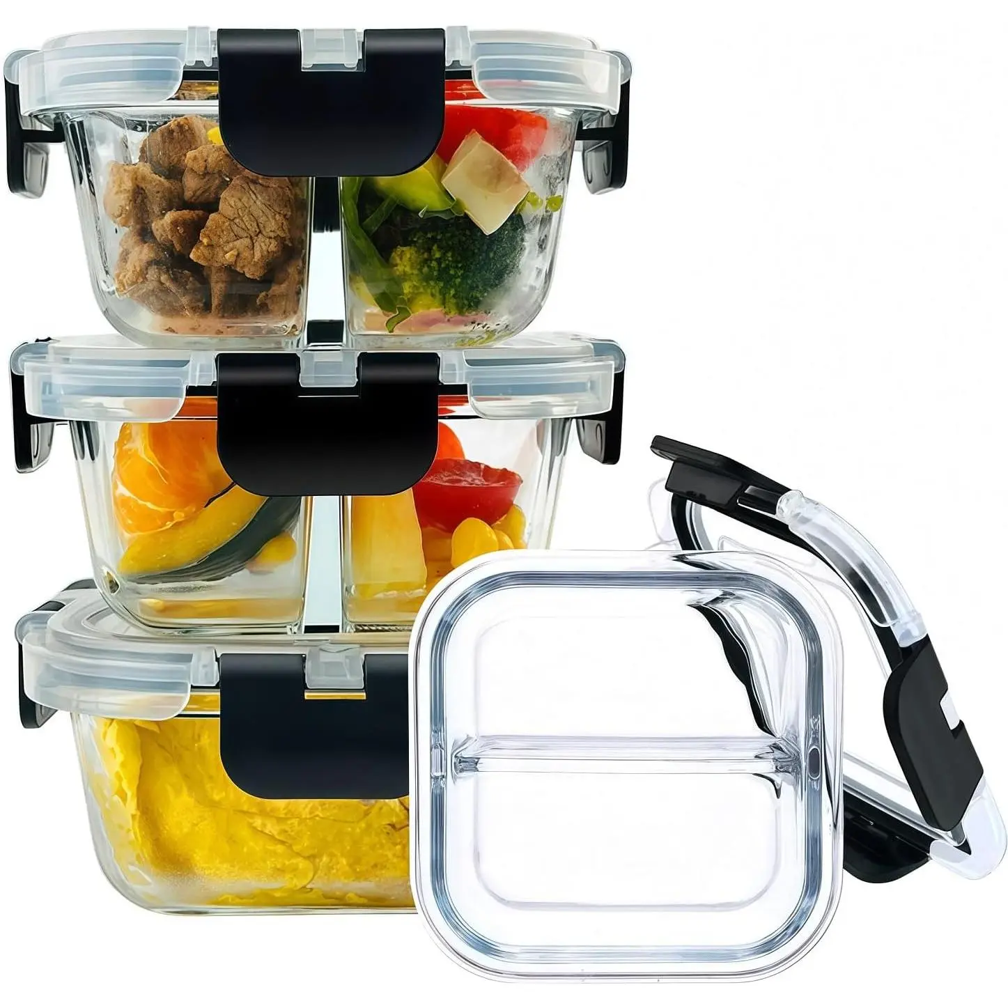 3 Pack Bariatric Meal Prep Containers, 8oz Glass Snack Containers | Glass Bariatric Portion Control Containers with Two 4 oz Compartments,  Lunch Box Bento Box with ,Black