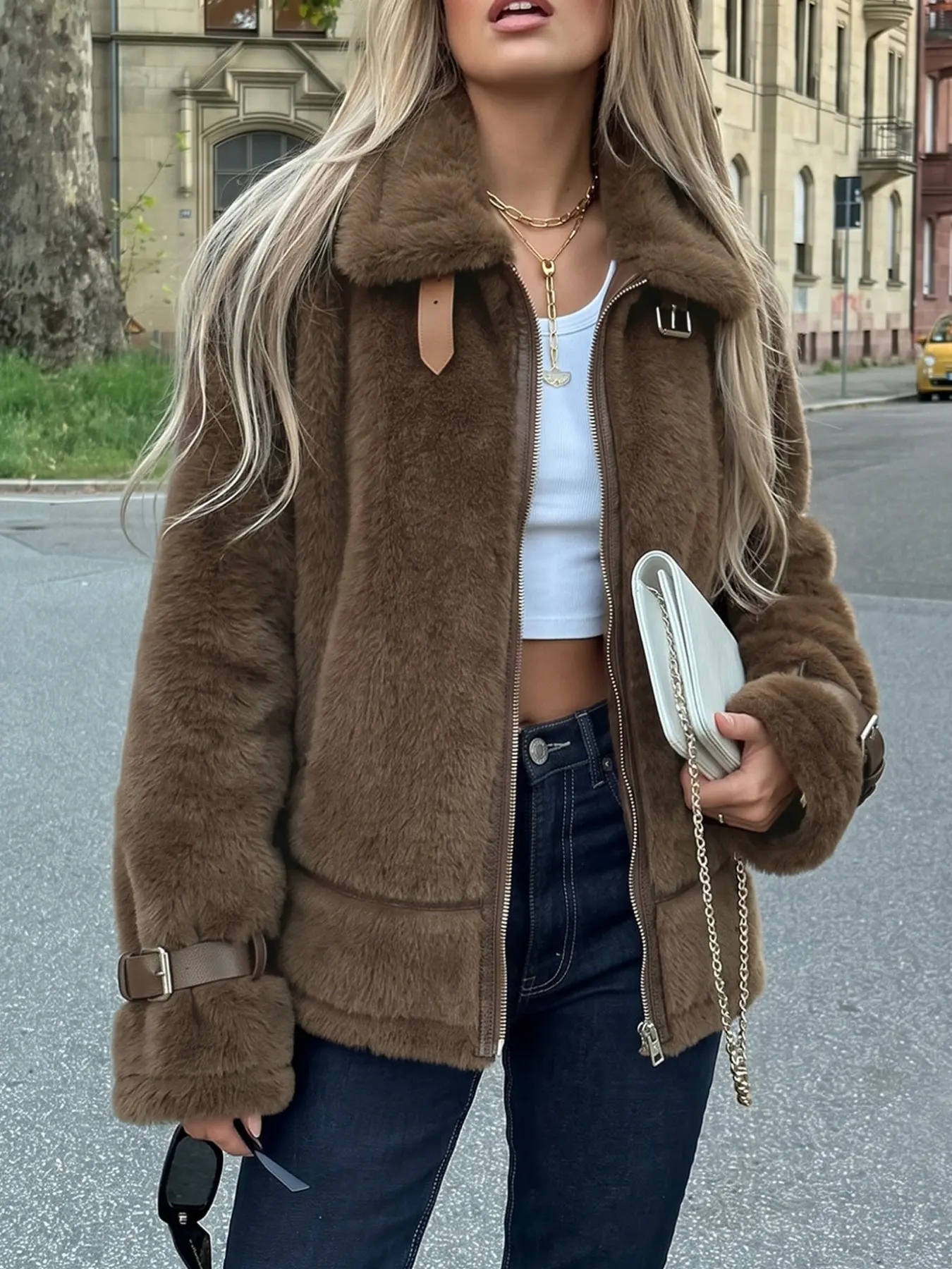 Winter Brown Faux Fur Cropped Jacket, Lapel Zip Up Coat with Adjustable Buckle Cuffs, Vintage Street Style Warm Fluffy Casual Short Outerwear