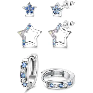 3 Pairs Cute Star & Hoop Earrings Set, 925 Sterling Silver Hypoallergenic CZ Earrings for Teens, Perfect for Multiple Piercings
