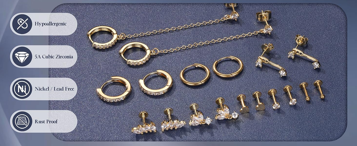 Trendy 16G/18G/20G Flat Back Earrings for Women Threadless Surgical Steel Stud Hoop Earrings Push in Nose Studs Hypoallergenic CZ Cartilage Earring Set Labret Helix Tragus Conch Piercing Jewelry Blackfriday Christmas