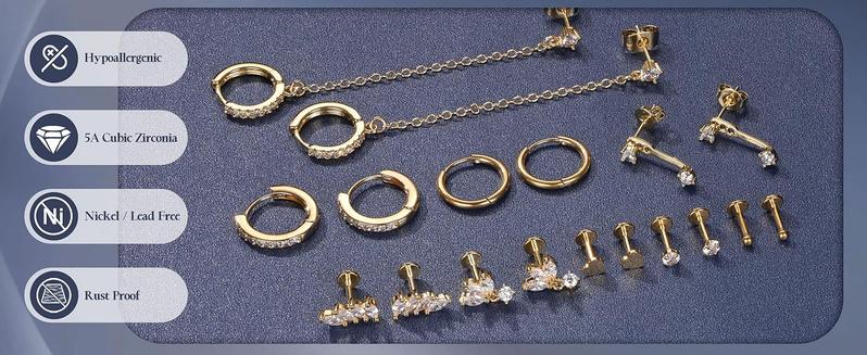 Trendy 16G/18G/20G Flat Back Earrings for Women Threadless Surgical Steel Stud Hoop Earrings Push in Nose Studs Hypoallergenic CZ Cartilage Earring Set Labret Helix Tragus Conch Piercing Jewelry Blackfriday Christmas