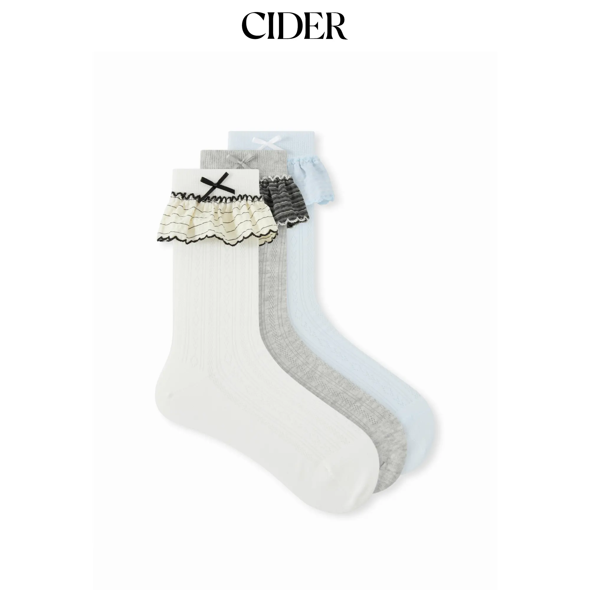 Cider 3 PAIRS BOWKNOT & STRIPED TRIM CREW SOCKS SET