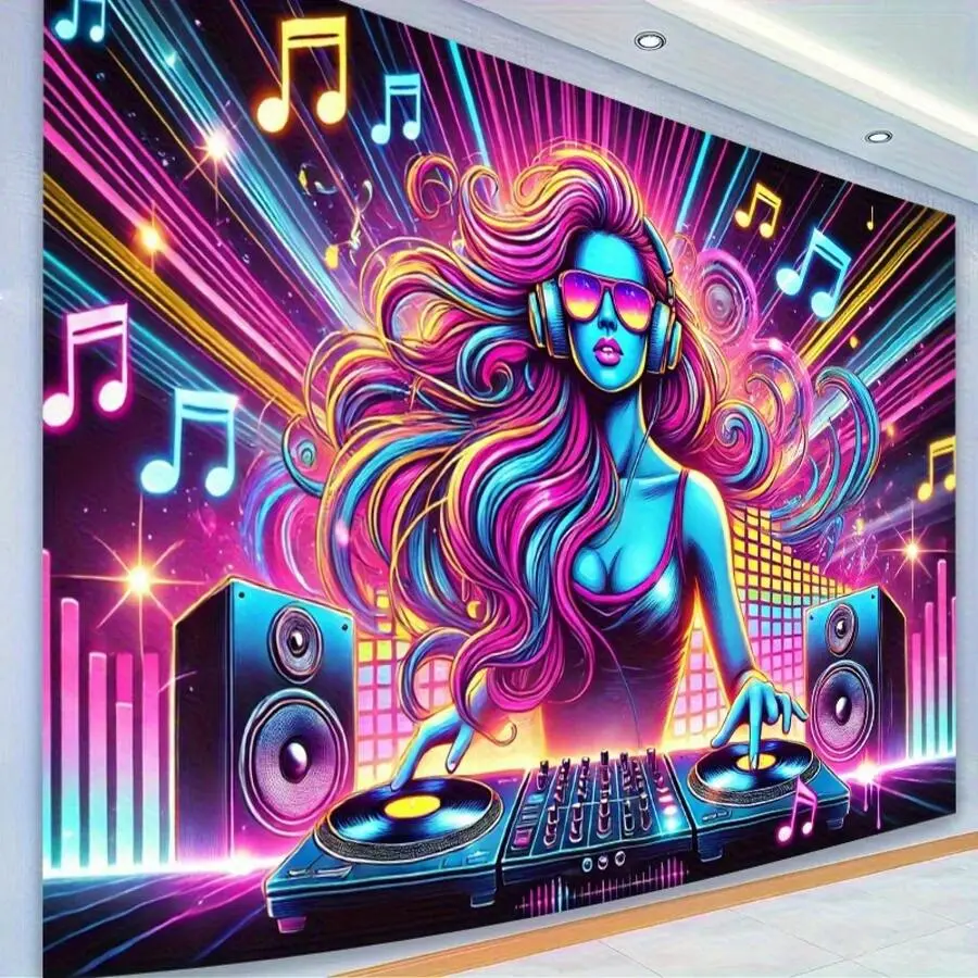 1pc 1 Piece Of Vibrant DJ Party Backdrop Tapestry  Neon Music And Headphone Design, Durable Polyester Camera Backdrop, Suitable Indoor/Outdoor Events, Photography Studio Props, Birthday And Holiday Decorations, Event Backdrop |   Neon Party Decoration