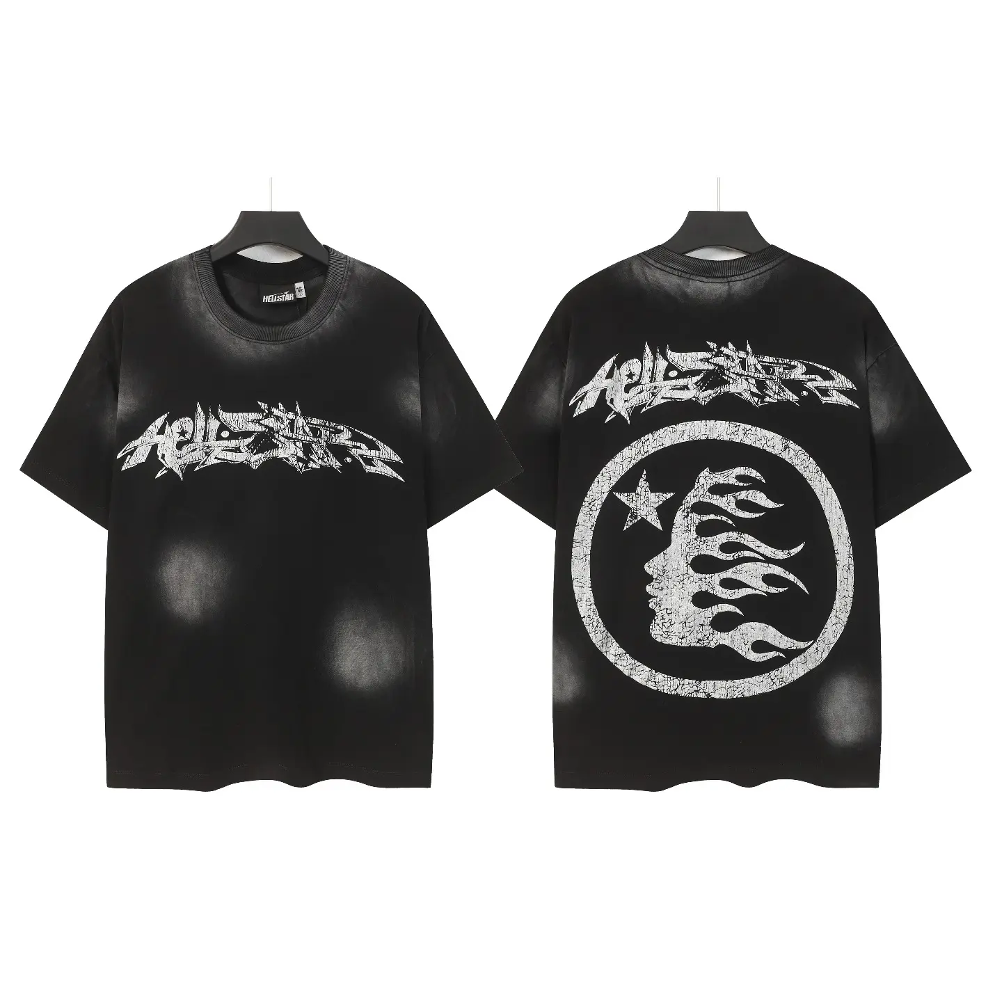 Men Women Oversized Summer Casual Short Sleeve Round Neck Vintage Gradient Washed Distressed Hellstar Graphic Tee Shirt, Trendy Gothic Skull Flame Live Tour Splash Ink Retro Streetwear Fashion Design, Breathable Soft Cotton