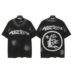 Men Women Oversized Summer Casual Short Sleeve Round Neck Vintage Gradient Washed Distressed Hellstar Graphic Tee Shirt, Trendy Gothic Skull Flame Live Tour Splash Ink Retro Streetwear Fashion Design, Breathable Soft Cotton