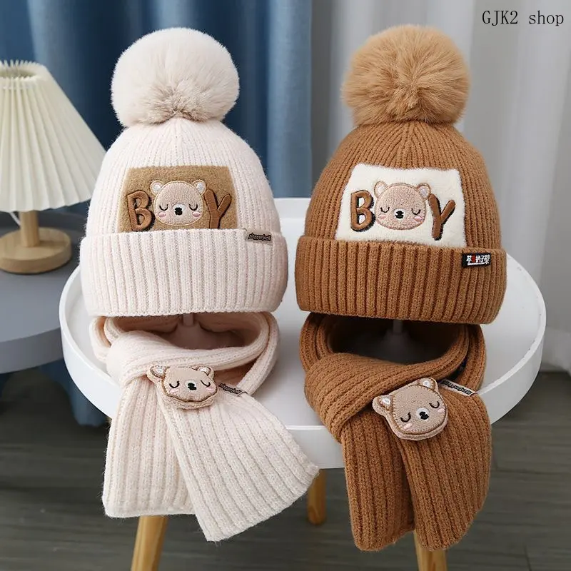 Kids Bear Patch Knit Hat & Scarf Set, Fluffy Pom‑pom Warm Winter Beanie for Toddlers