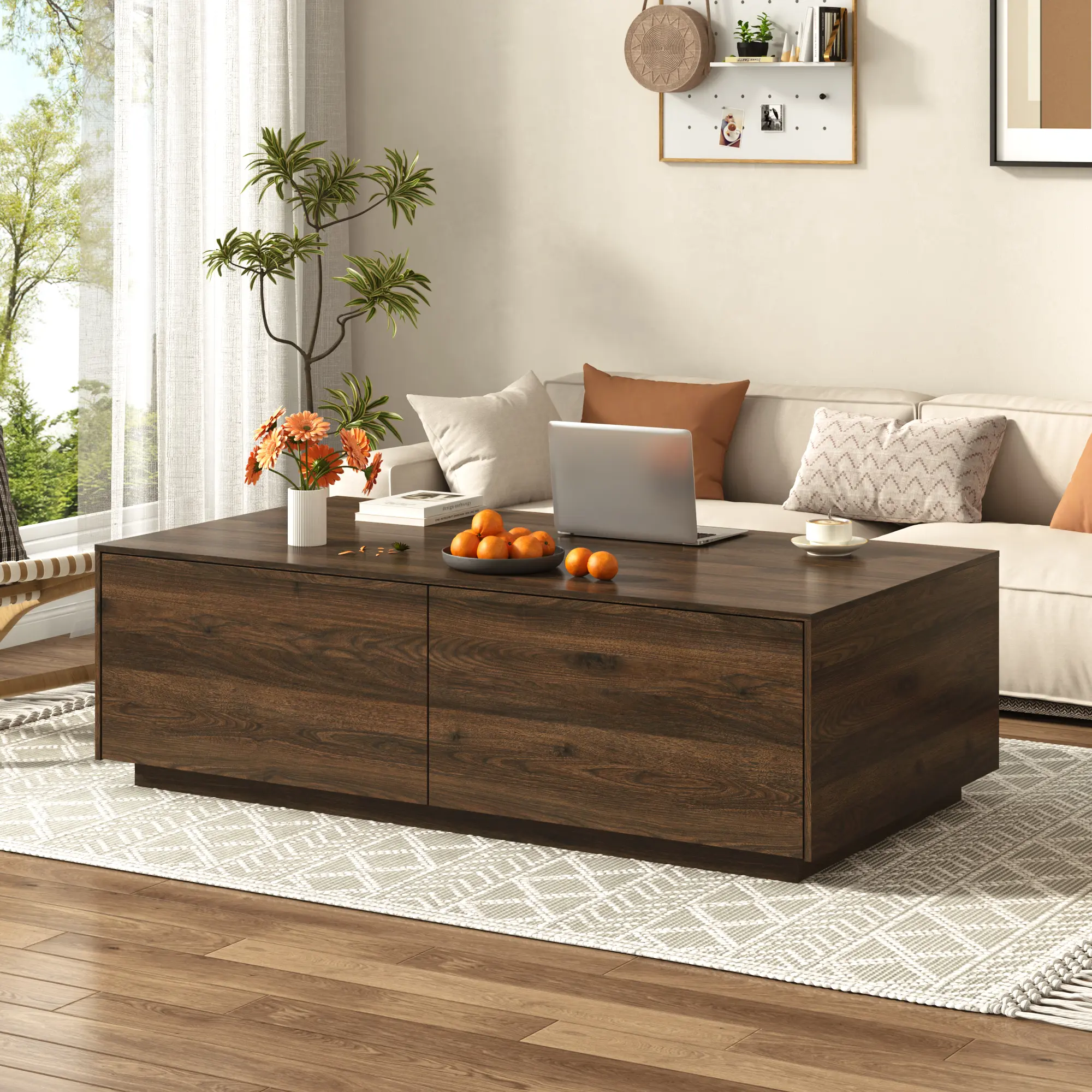 Modern Wood Grain Coffee Table with Hidden Storage Drawers - Large Square Indoor Center Table for Living Room, Bedroom, Family Room, Different Living Spaces Minimalist Furniture, Living Areas