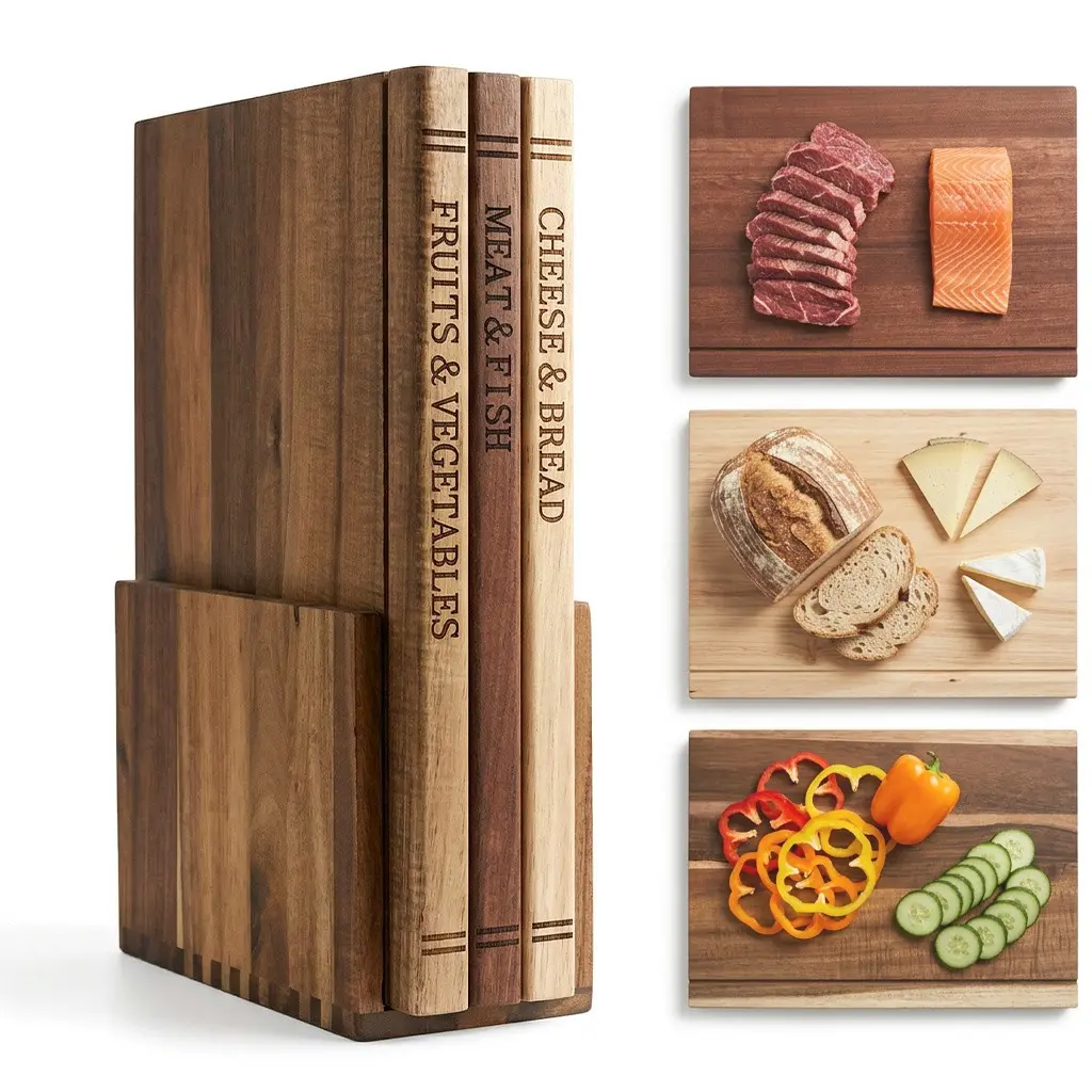 Book Cutting Board Set with Stand – Wooden Cutting Boards Library Set That Look Like Books, Acacia & Walnut, 3 Clearly Labeled Boards for Vegetables, Meat, Cheese – Kitchen Decor Gift for Home Cooks