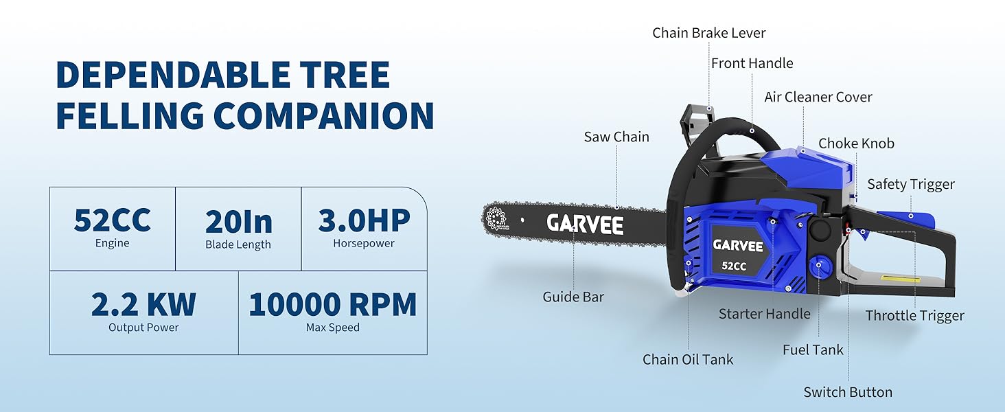 Gas Chainsaw, 20 Inch Gas Powered Chain saw, 52CC 2-Stroke Top Handle Chainsaw, Ergonomic Non-Slip Handle and Dual Fuel Tanks, Quick Start, For Wood Cutting, Tree Trimming, and Land Clearing