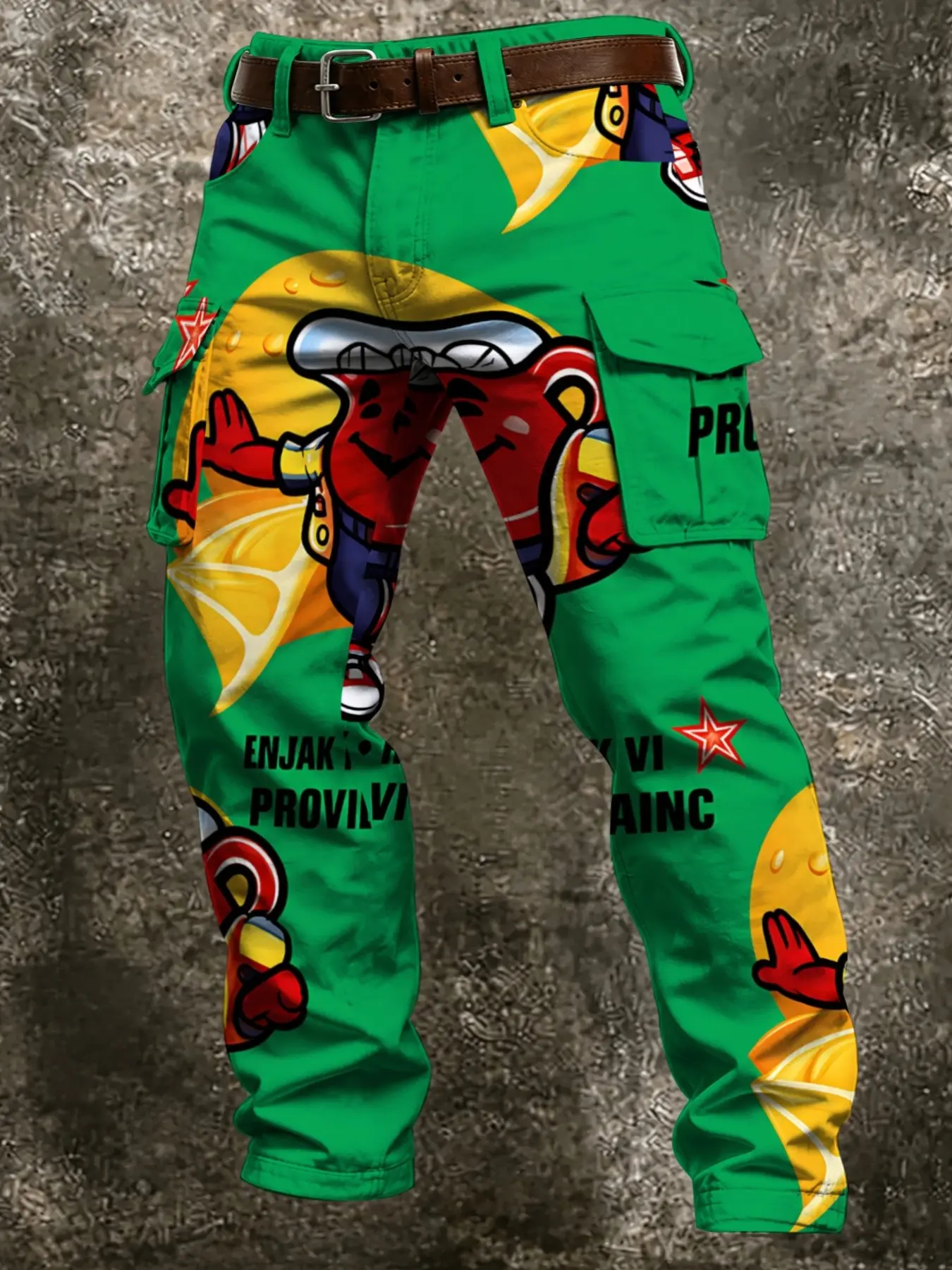 Fun Cartoon Brand Workwear Pants, Classic Large Capacity Flip Cover Side Pockets, Full Print Soda Cartoon Graffiti, American Retro Youth Style Long Pants
