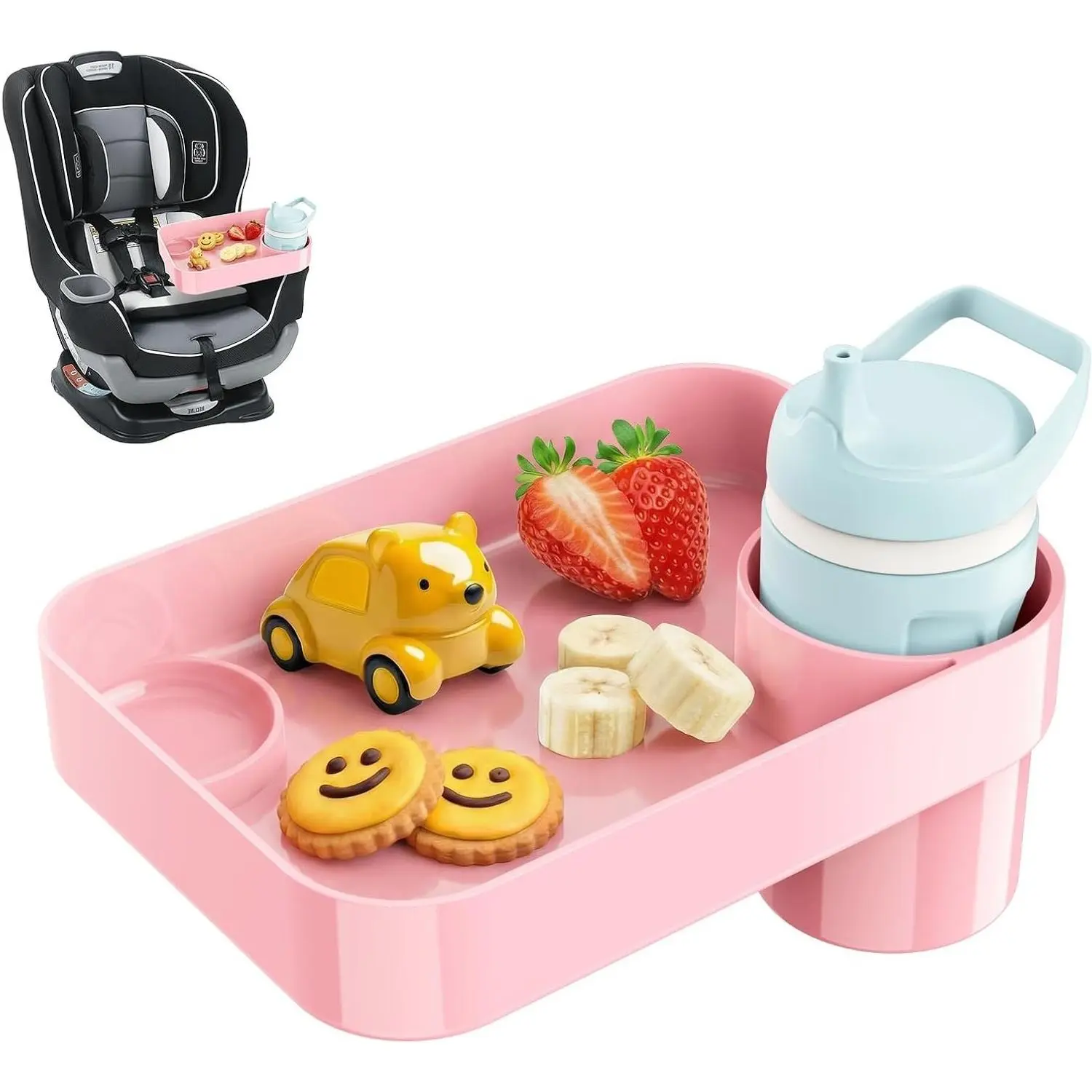 Car Seat Tray for Toddlers & Kids - Travel Tray with 3-Inch Cup Holder & Dip Well