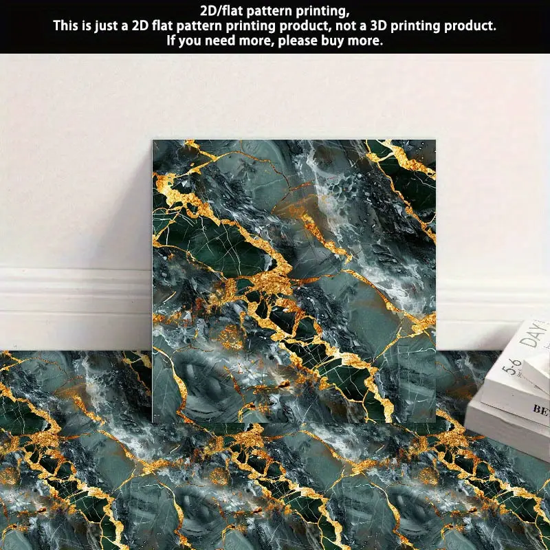 10pcs of 2D Flat Faux Leather Dark Green And Golden Veined Natural Stone Pattern Self-Adhesive Floor Stickers, Measuring 11.81X11.81 Inches (30X30 Cm), PVC Floor Decals, Self-Adhesive Artistic Floor Patterns Suitable for Home Decoration in Bedrooms