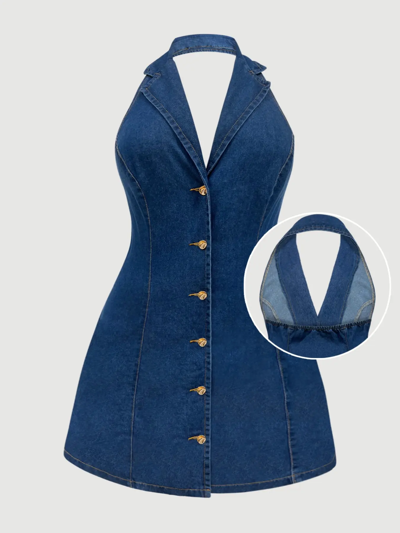 Plus Size Women's Denim Dress, Loose Backless Sexy V-Neck Halter Short Skirt, Casual All Seasons for Daily Wear and Dates Button