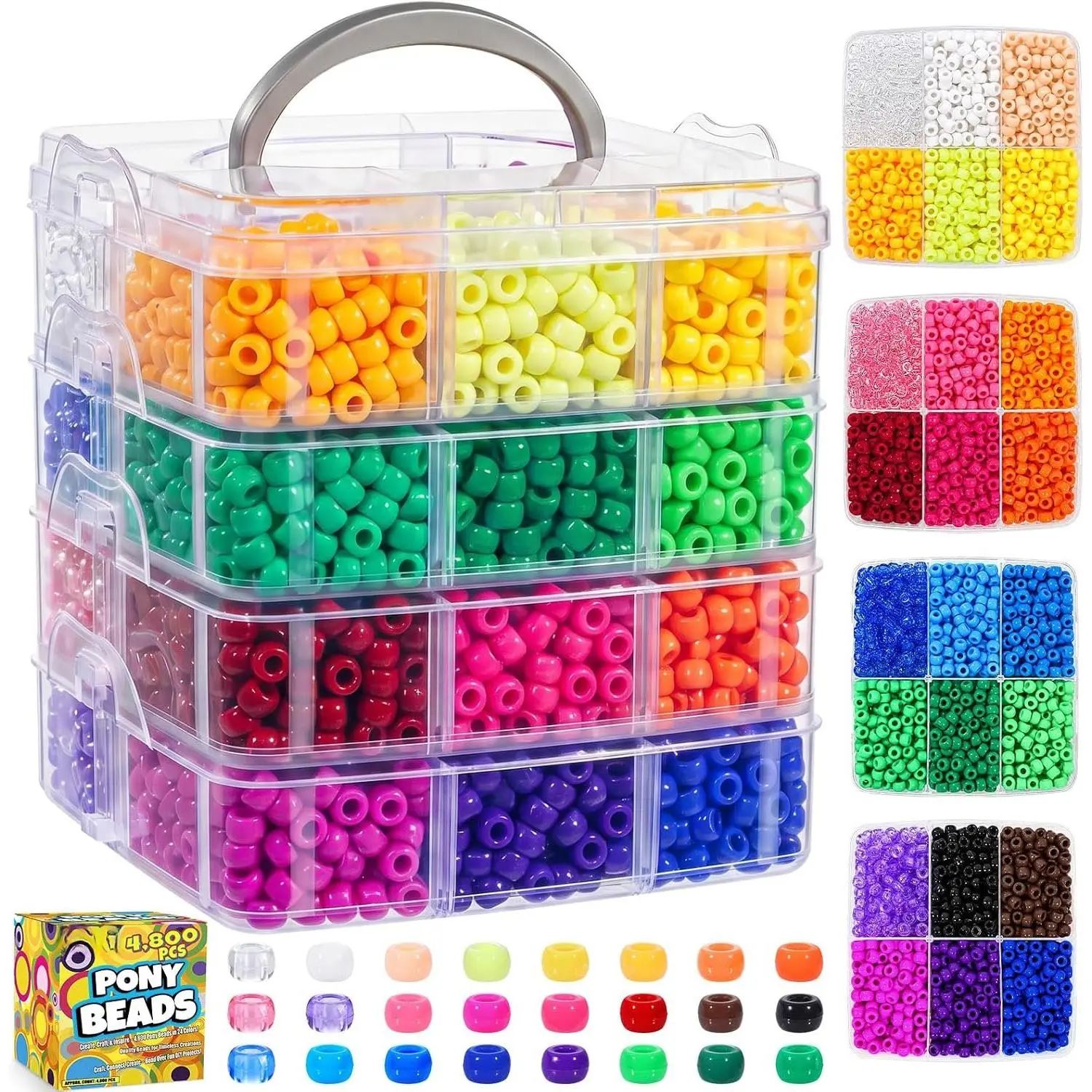 4800 count Pony Beads 24 Colors Kandi Beads Bulk for Bracelet Making | 6x9MM Rainbow Plastic Beads  Making Hair Braiding DIY Art Craft(3.75lb,Stack Box)