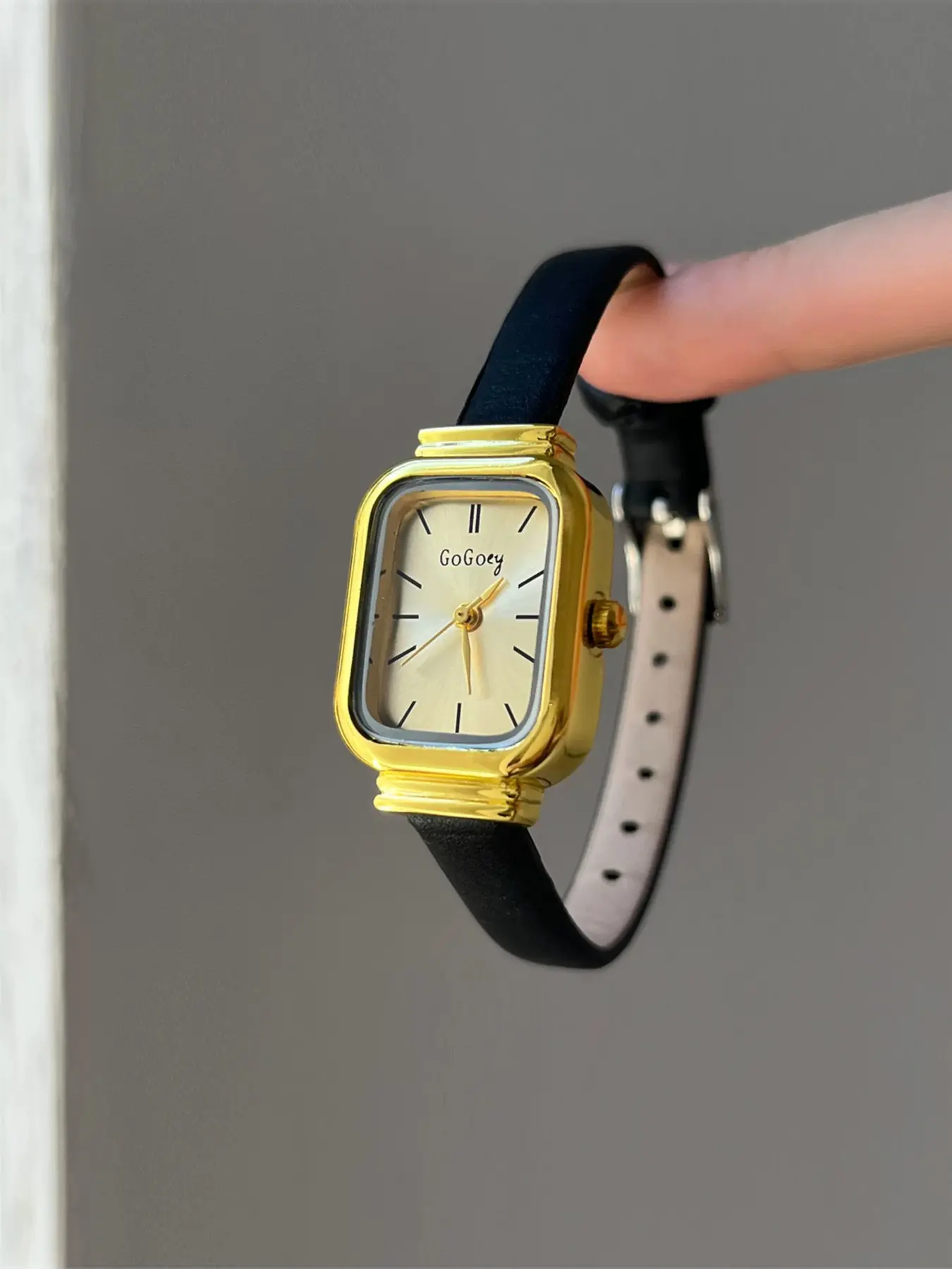 French Vintage Elegant Fashion Rectangular Watch, Slim Leather Strap, Geometric Pattern, Analog Quartz, All Seasons