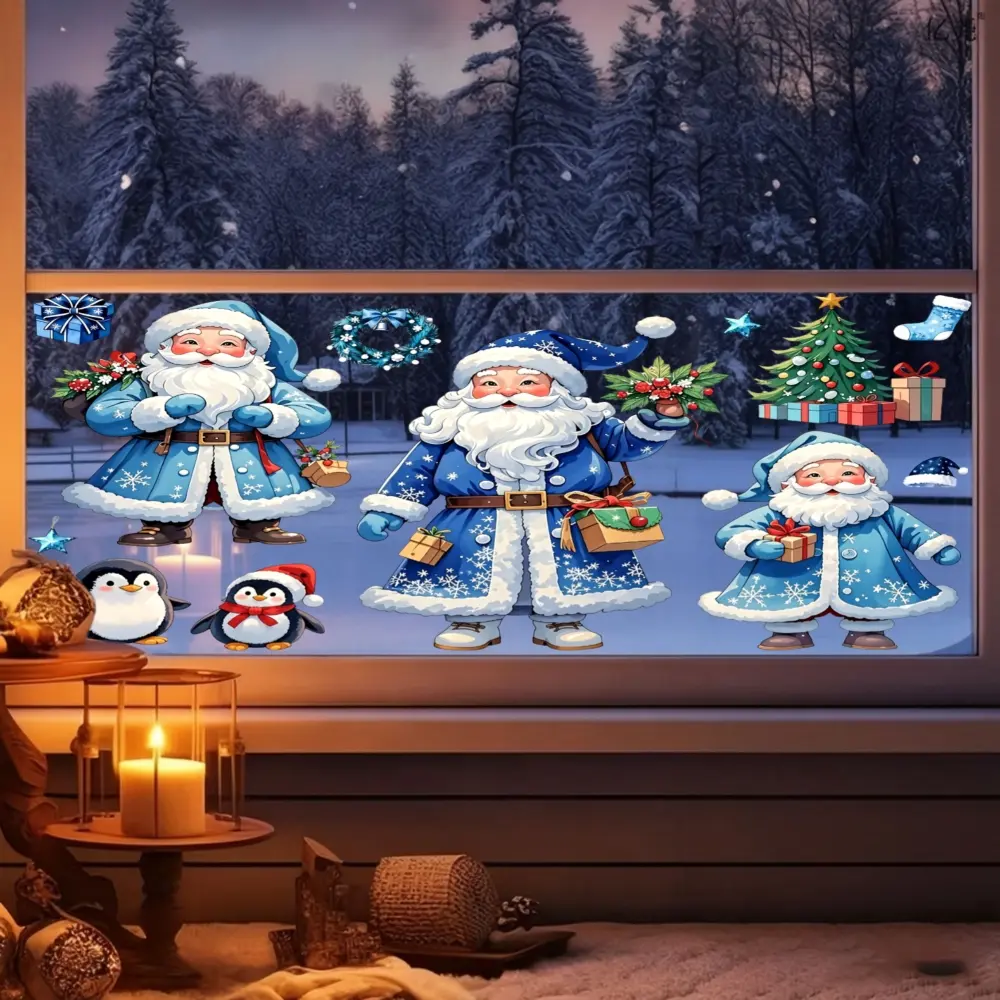 1PC Festive Winter Scene Santa Claus Snowman Penguin Gift Box Tree Irregular Static Window Clings Window Stickers Christmas Holiday Decoration For Home Living Room Bedroom Glass Door Shop Front Display Seasonal Cheerful Atmosphere Enhancer Christmas