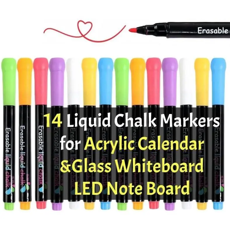 14 Wet Erase Liquid Chalk Markers, Light Board Markers (7 Colors x 2 Each) | Fine 0.04" Tip for LED Board,  Calendars, Glass Boards & Windows.  & Safe for . for  & Office