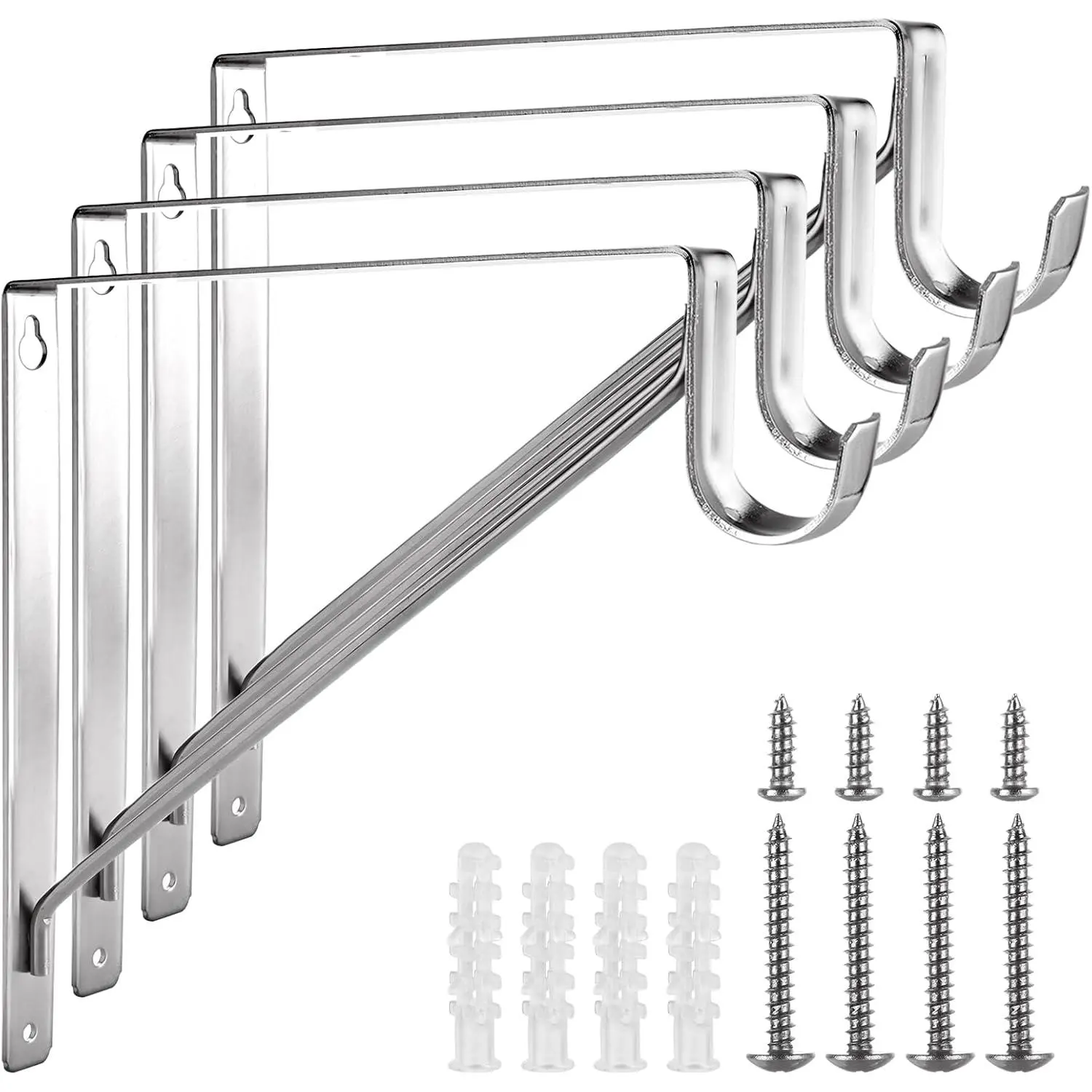 4 Pack Heavy Duty Closet Rod Brackets Holder 11 x 11 x 1 Inch, Electroplated Silver Closet Rod Support Bracket Steel Closet Rod Holders, Wall Mounted Shelf and Rod Support Bracket