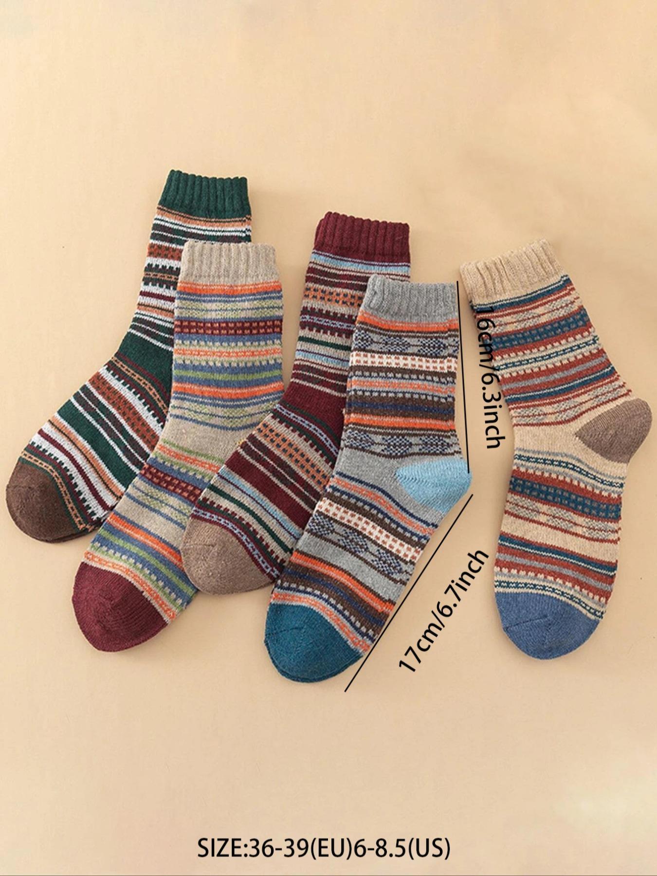 Women's Multicolor Colorblock Striped Print Crew Socks, Multipack Breathable Knit Mid Calf Socks for Women,  Women's Hosiery
