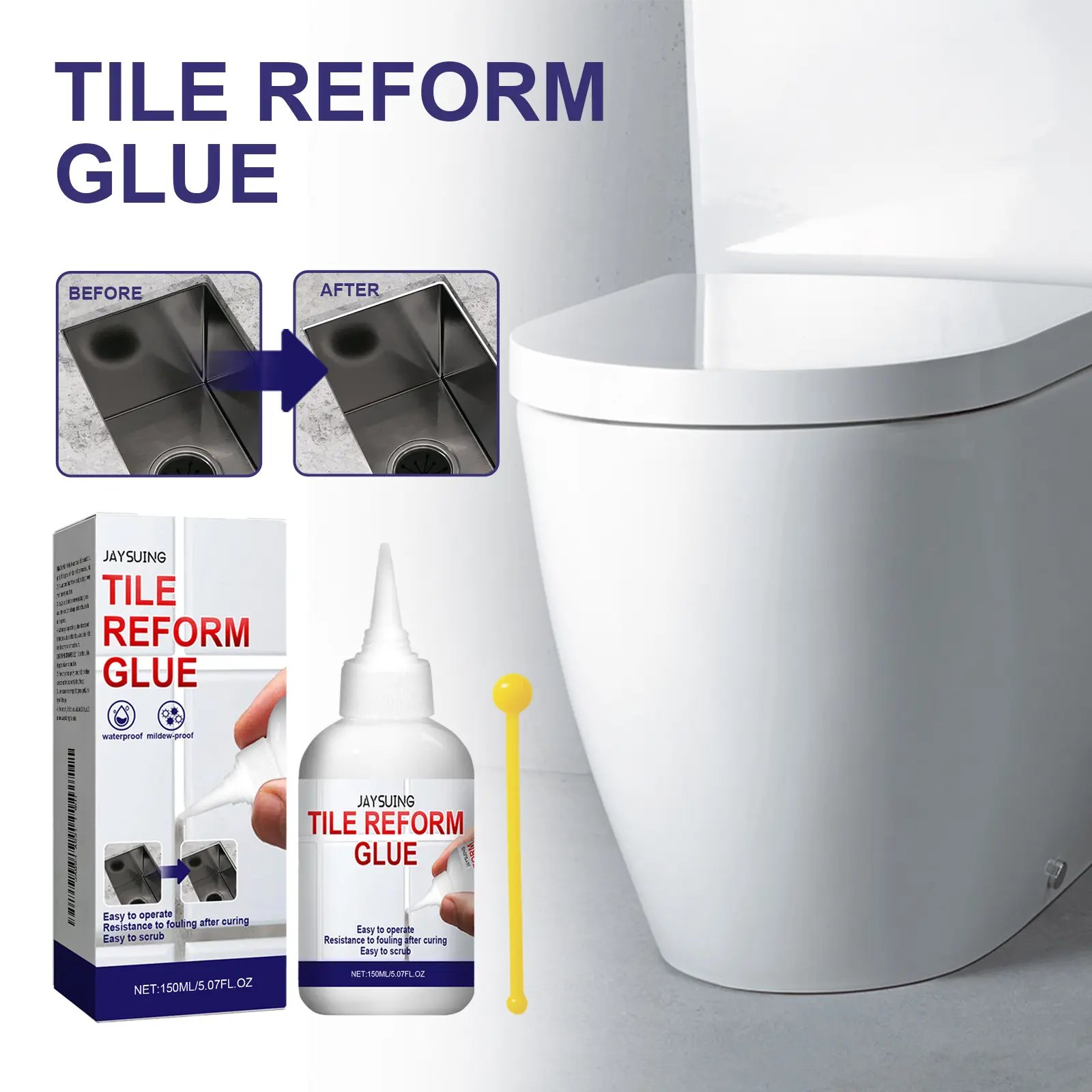 JAYSUING 150ml Tile Reform Glue 5.07 fl oz Single Unit, Waterproof and Mildew-Proof Tile Grout Sealer Paste with Grout Ball Tool, White Crack Filler and Stain Shield for Kitchen Sink, Shower and Toilet